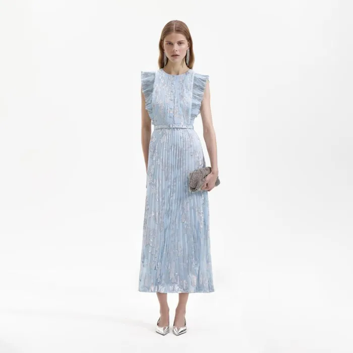 Blue Metallic Floral Midi Dress Women Self Portrait Dresses