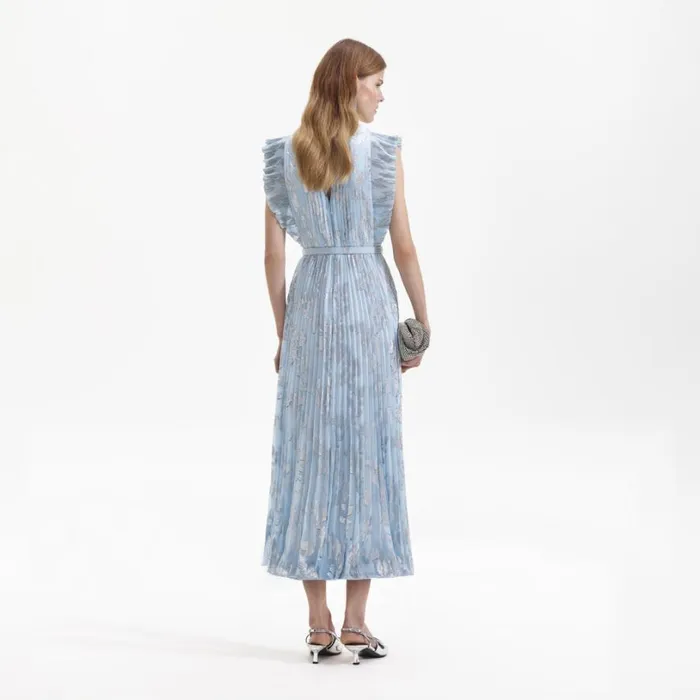 Blue Metallic Floral Midi Dress Women Self Portrait Dresses