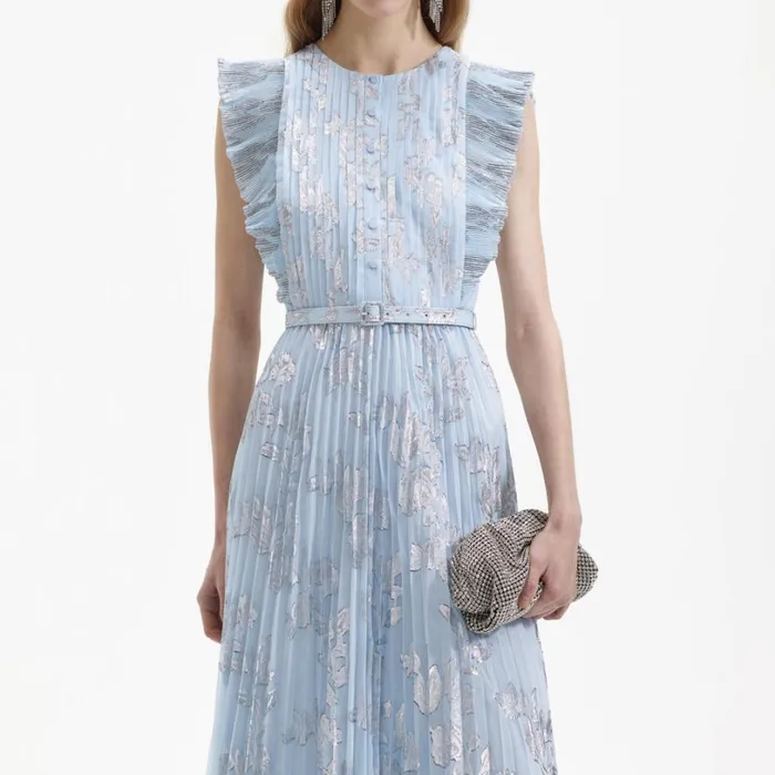 Blue Metallic Floral Midi Dress Women Self Portrait Dresses