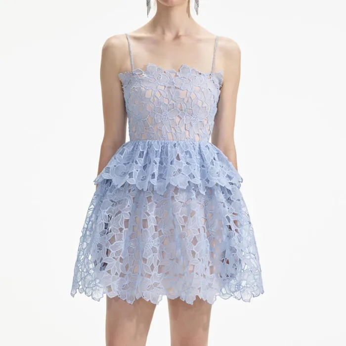 Blue Organza Lace Mini Dress Women Self Portrait Dresses