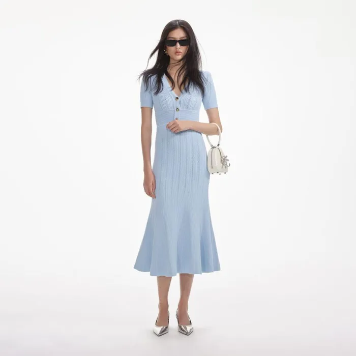 Blue Pointelle Knit Midi Dress Women Self Portrait Dresses
