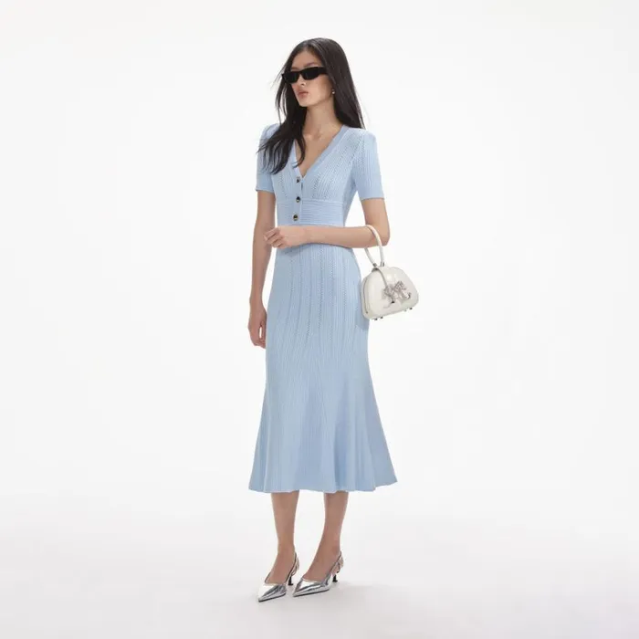 Blue Pointelle Knit Midi Dress Women Self Portrait Dresses Blue Pointelle Knit Midi Dress Women Self Portrait Dresses