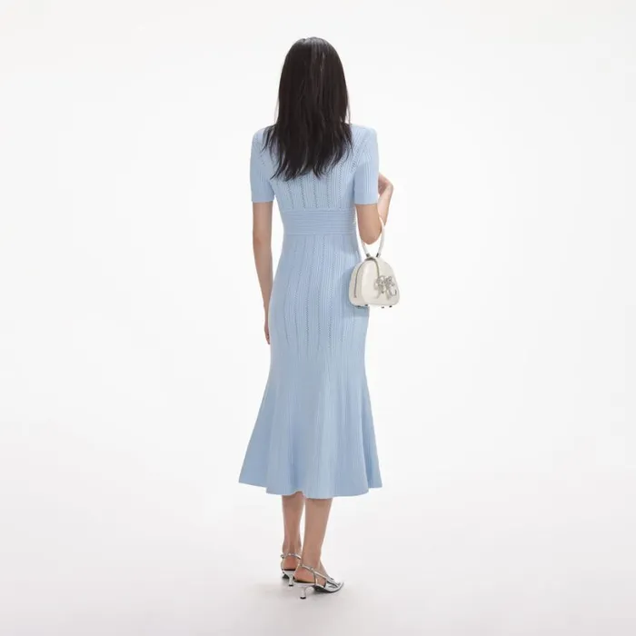 Blue Pointelle Knit Midi Dress Women Self Portrait Dresses Blue Pointelle Knit Midi Dress Women Self Portrait Dresses