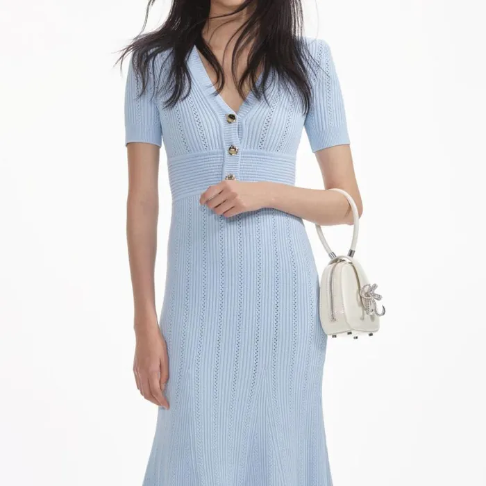 Blue Pointelle Knit Midi Dress Women Self Portrait Dresses Blue Pointelle Knit Midi Dress Women Self Portrait Dresses
