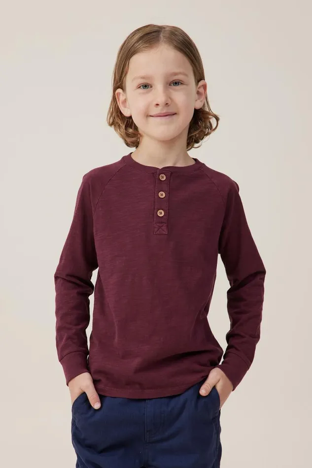 Boys 214 Tops and TShirts Cotton On Hayden Long Sleeve Henley Tee Crushed Berry Slub