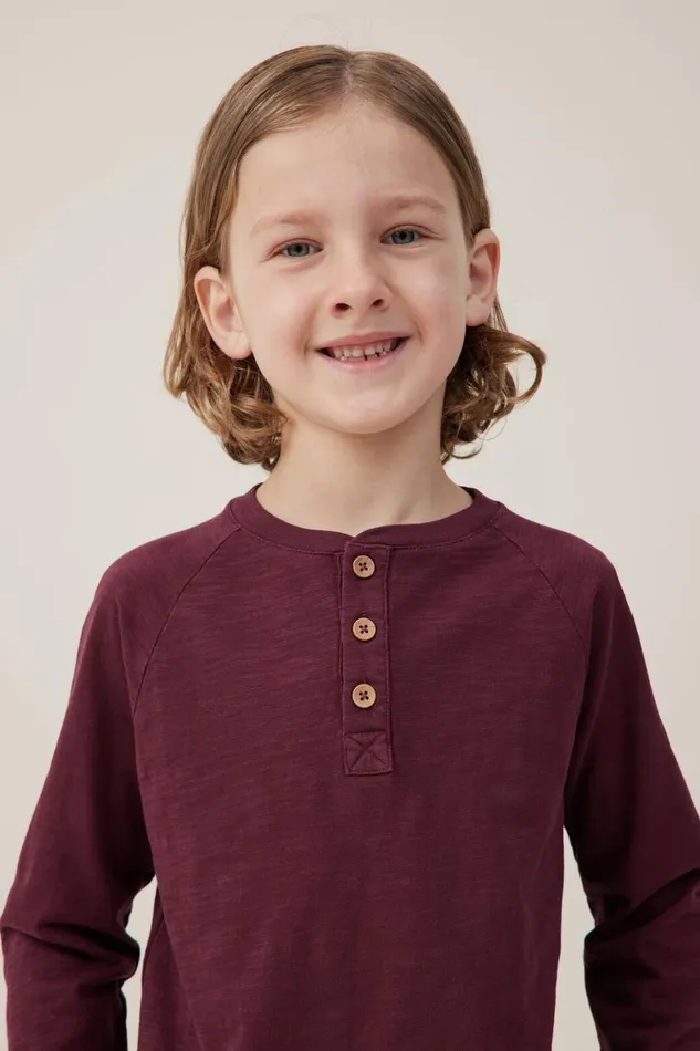 Boys 214 Tops and TShirts Cotton On Hayden Long Sleeve Henley Tee Crushed Berry Slub