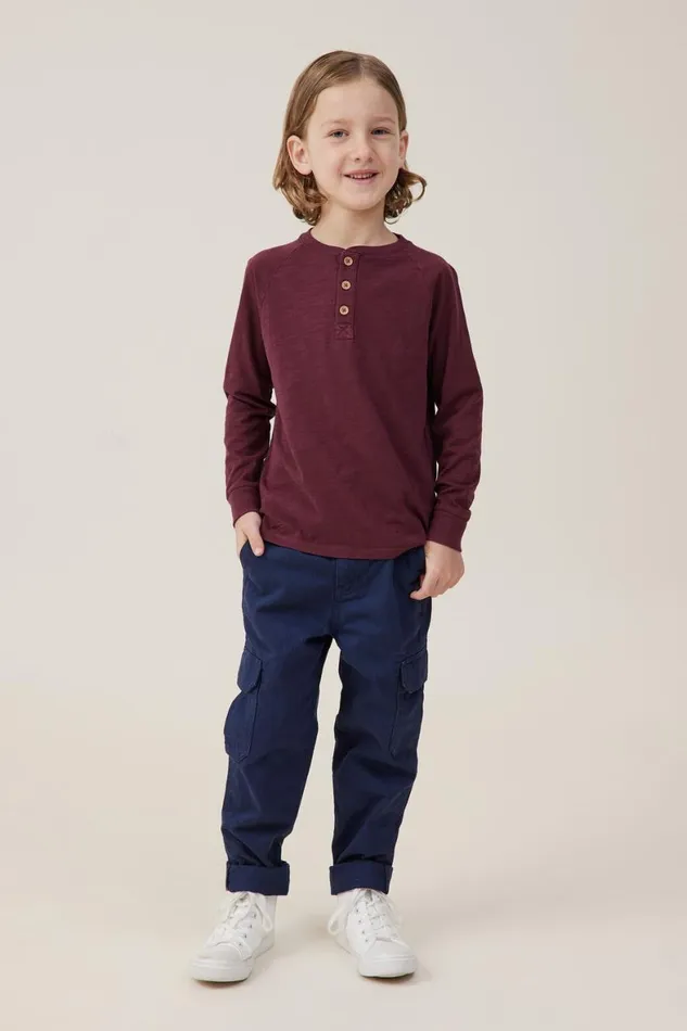 Boys 214 Tops and TShirts Cotton On Hayden Long Sleeve Henley Tee Crushed Berry Slub