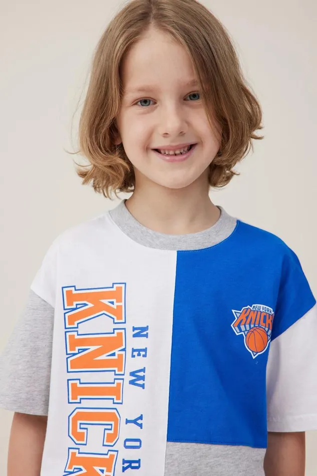 Boys 214 Tops and TShirts Cotton On License Drop Shoulder Short Sleeve Tee Lcn Nba Vanillanew York Knicks Colour Block