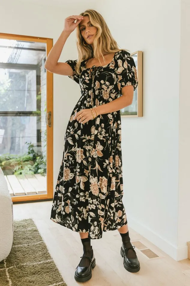 Brooke Floral Midi Dress Black Women Bohme Dresses