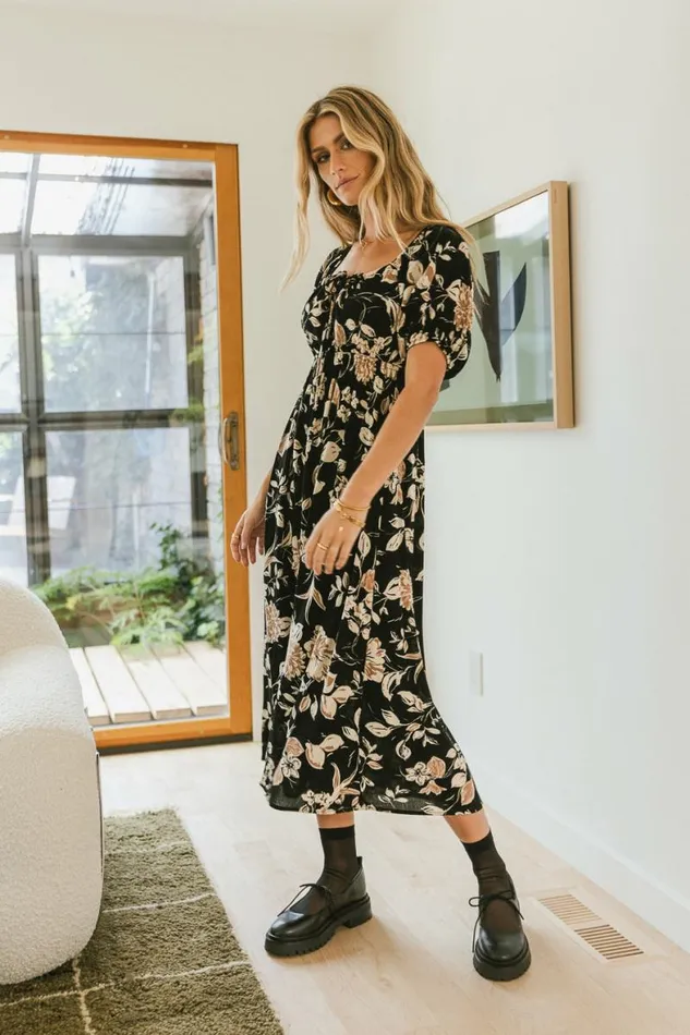 Brooke Floral Midi Dress Black Women Bohme Dresses