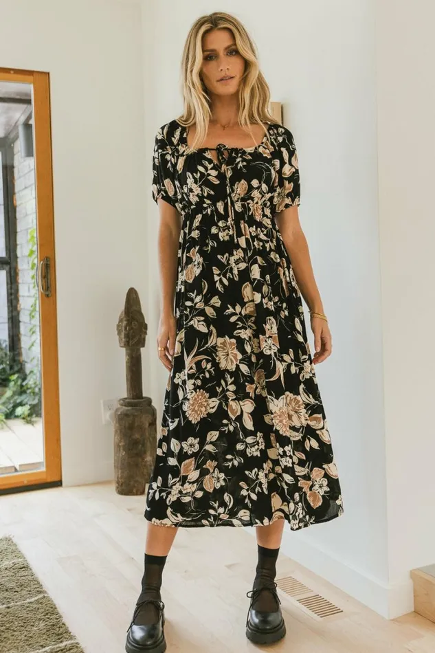 Brooke Floral Midi Dress Black Women Bohme Dresses