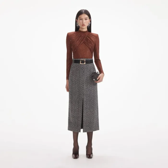 Brown Rhinestone Mesh Top Women Self Portrait Tops