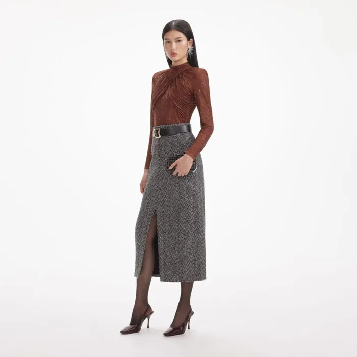 Brown Rhinestone Mesh Top Women Self Portrait Tops