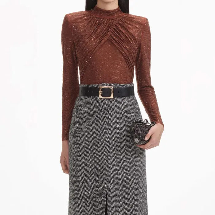 Brown Rhinestone Mesh Top Women Self Portrait Tops