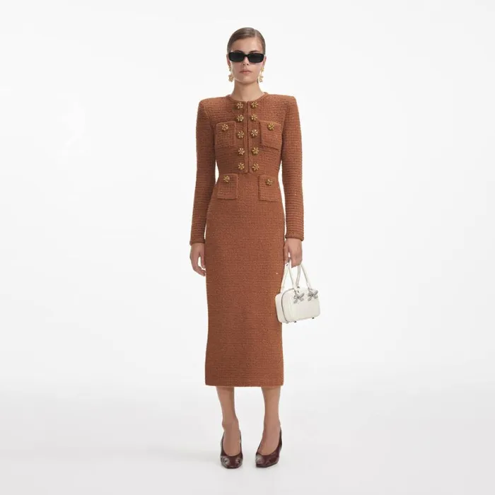 Brown Textured Knit Midi Dress Women Self Portrait Dresses
