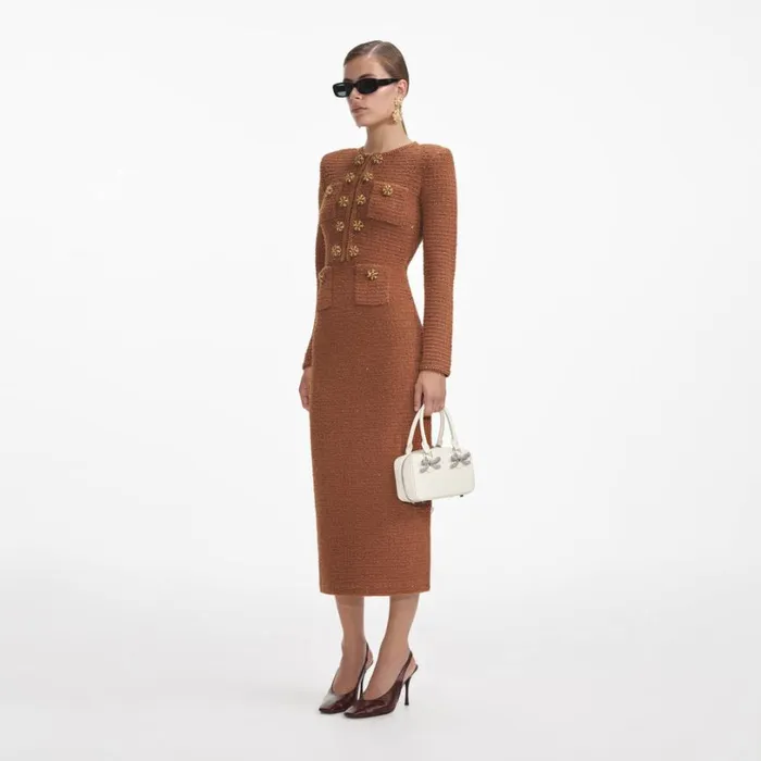 Brown Textured Knit Midi Dress Women Self Portrait Dresses Brown Textured Knit Midi Dress Women Self Portrait Dresses