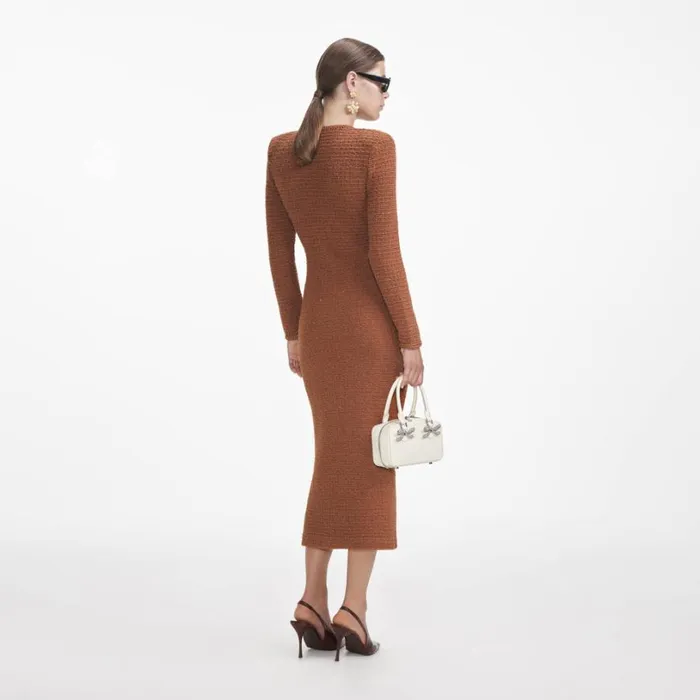 Brown Textured Knit Midi Dress Women Self Portrait Dresses Brown Textured Knit Midi Dress Women Self Portrait Dresses