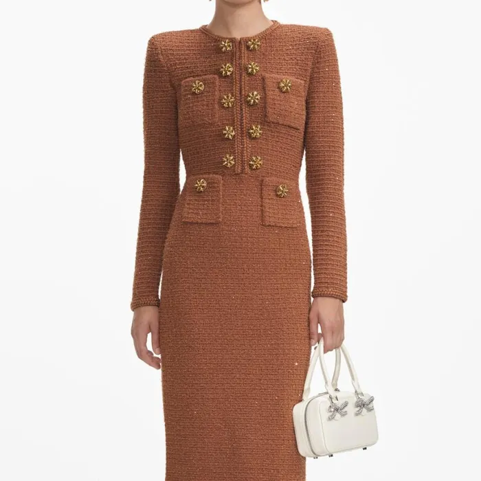 Brown Textured Knit Midi Dress Women Self Portrait Dresses Brown Textured Knit Midi Dress Women Self Portrait Dresses