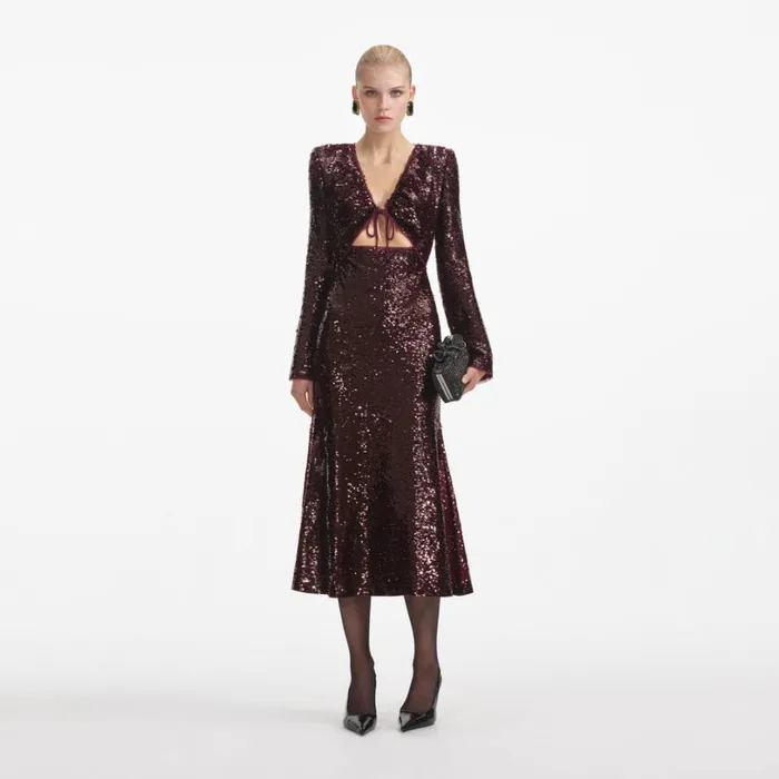 Burgundy Sequin Midi Dress Women Self Portrait Wedding Guest