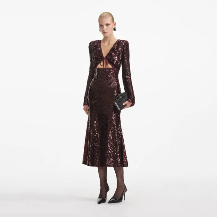 Burgundy Sequin Midi Dress Women Self Portrait Wedding Guest