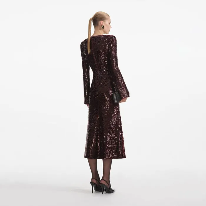 Burgundy Sequin Midi Dress Women Self Portrait Wedding Guest