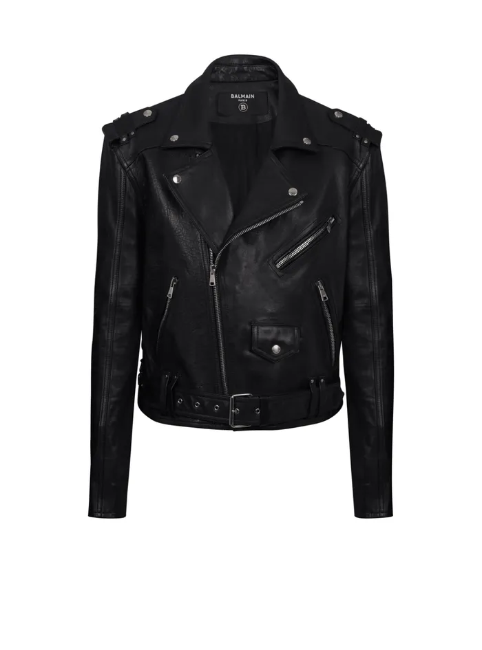 Calfskin Biker Jacket Black Men Balmain Outerwear