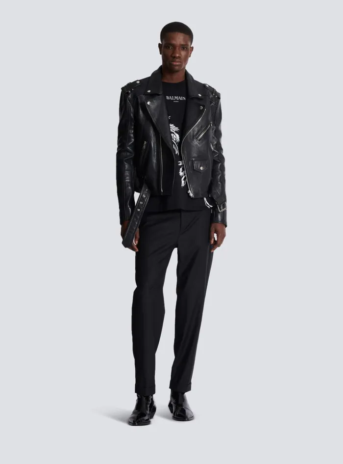 Calfskin Biker Jacket Black Men Balmain Outerwear