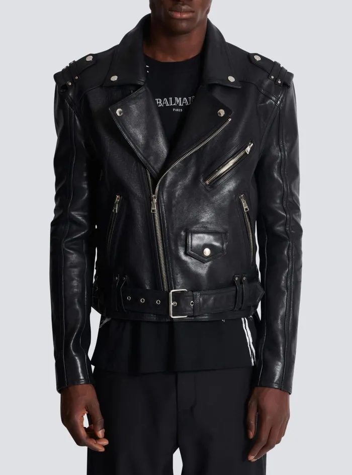 Calfskin Biker Jacket Black Men Balmain Outerwear