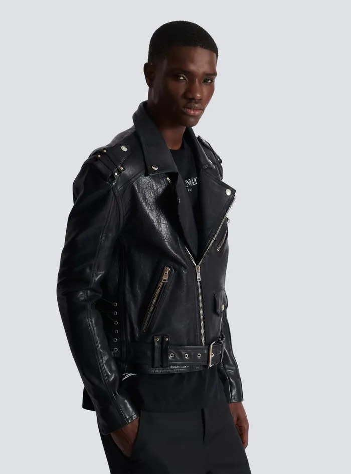 Calfskin Biker Jacket Black Men Balmain Outerwear