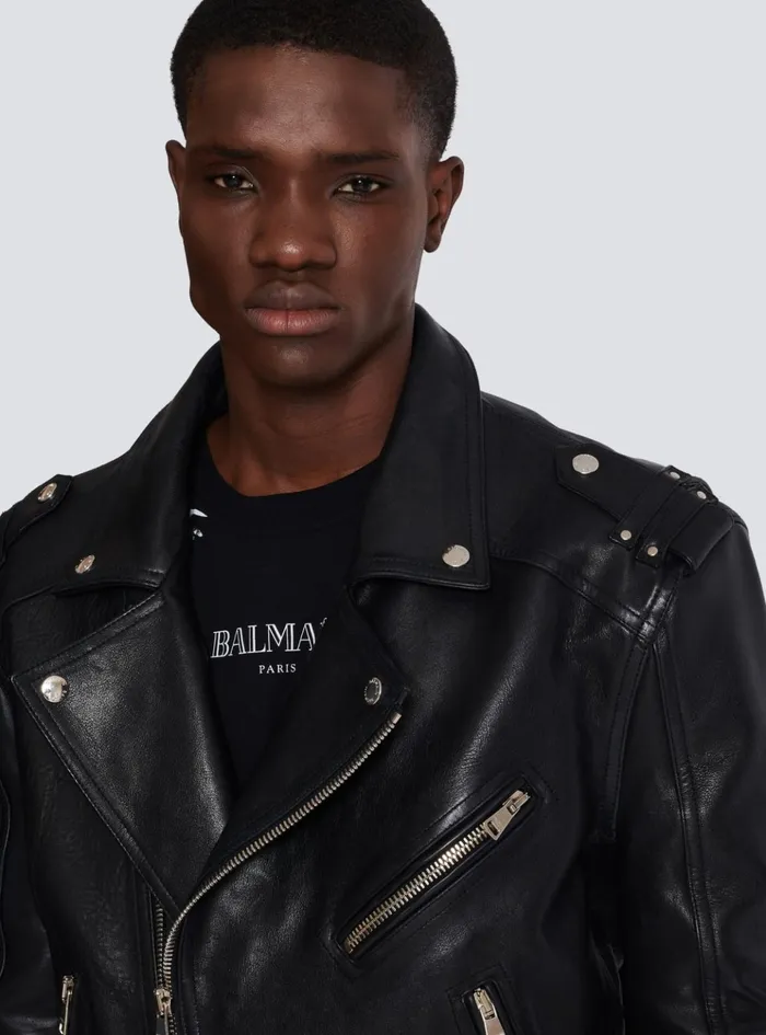 Calfskin Biker Jacket Black Men Balmain Outerwear