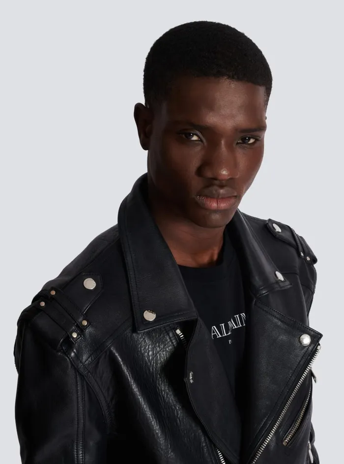 Calfskin Biker Jacket Black Men Balmain Outerwear