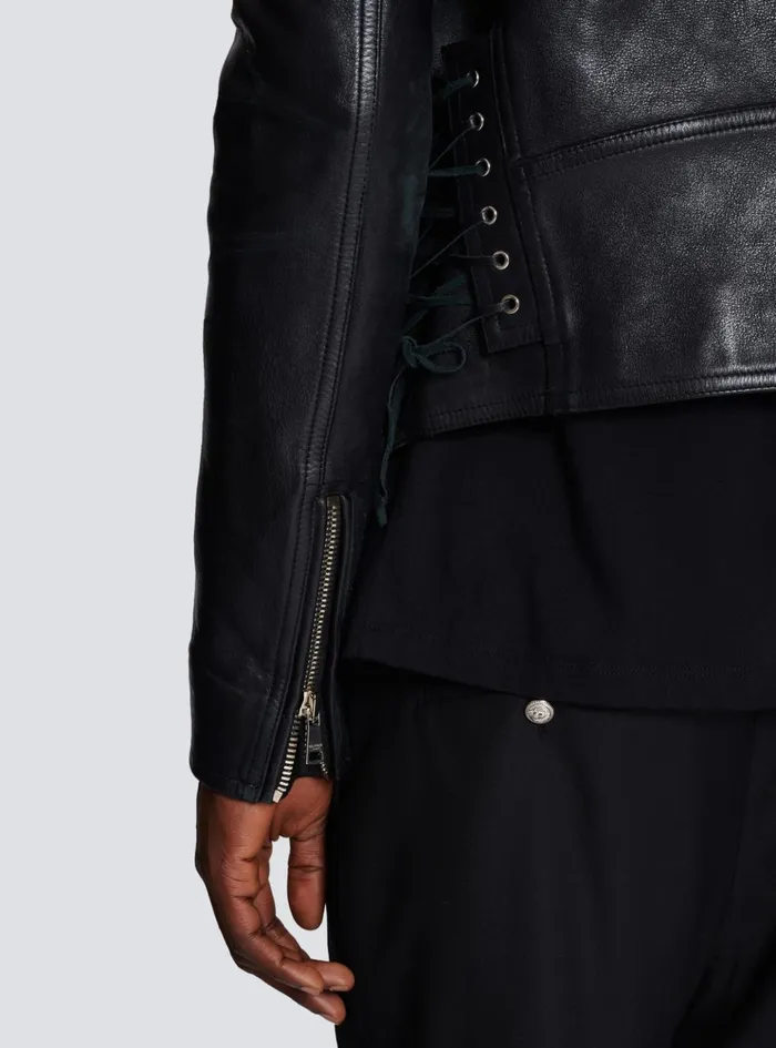 Calfskin Biker Jacket Black Men Balmain Outerwear
