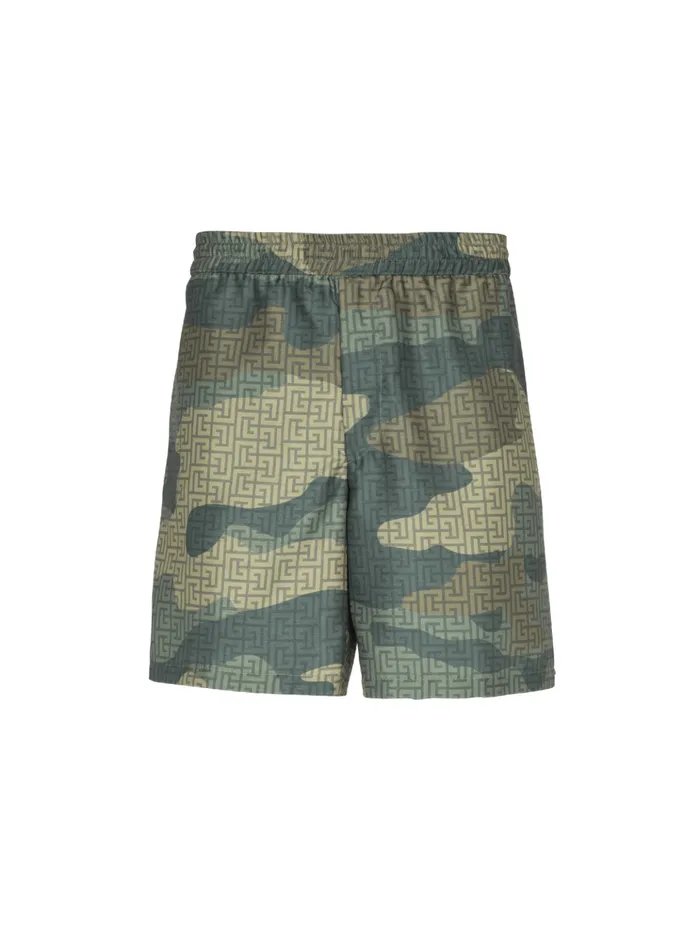 Camouflage Monogrammed Shantung Shorts Khaki Men Balmain Trousers And Shorts