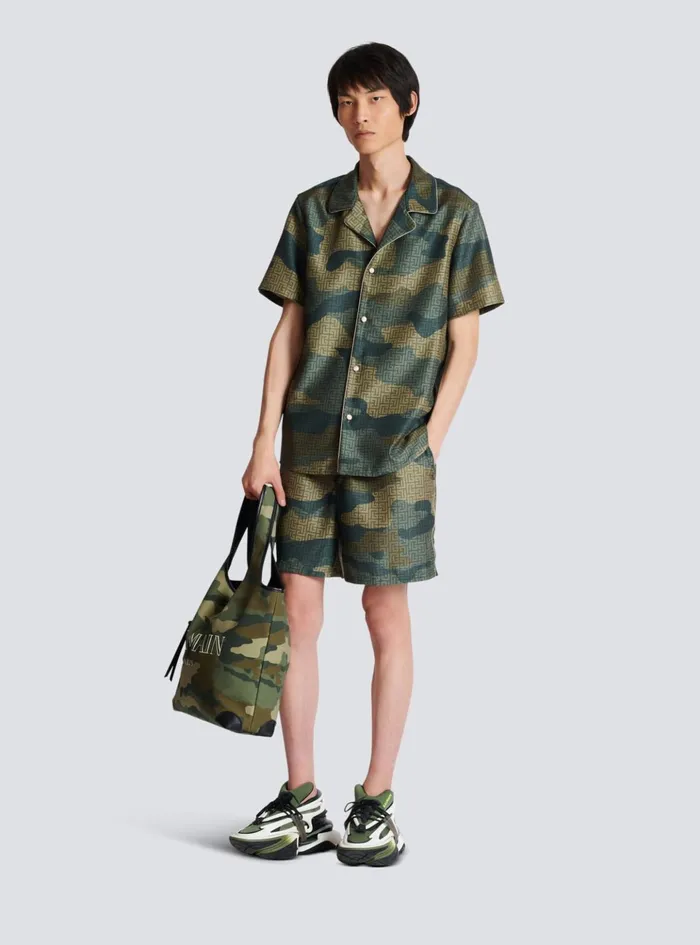 Camouflage Monogrammed Shantung Shorts Khaki Men Balmain Trousers And Shorts