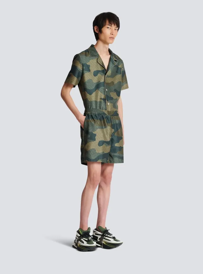 Camouflage Monogrammed Shantung Shorts Khaki Men Balmain Trousers And Shorts