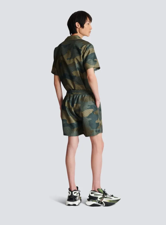 Camouflage Monogrammed Shantung Shorts Khaki Men Balmain Trousers And Shorts