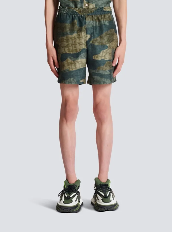 Camouflage Monogrammed Shantung Shorts Khaki Men Balmain Trousers And Shorts