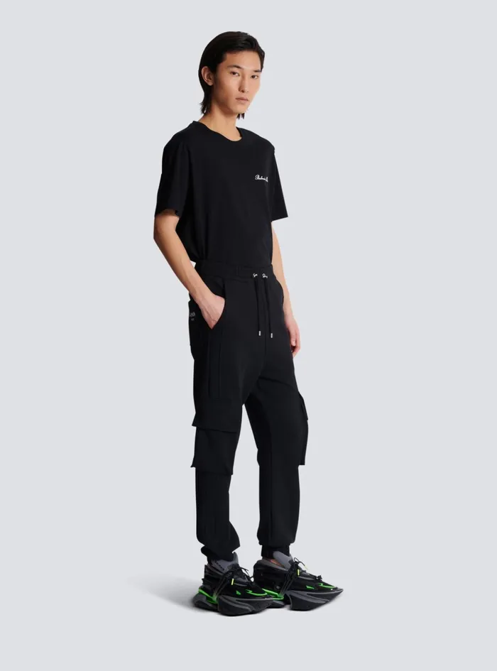 Cargo Joggers With Paris Print Black Men Balmain Trousers And Shorts