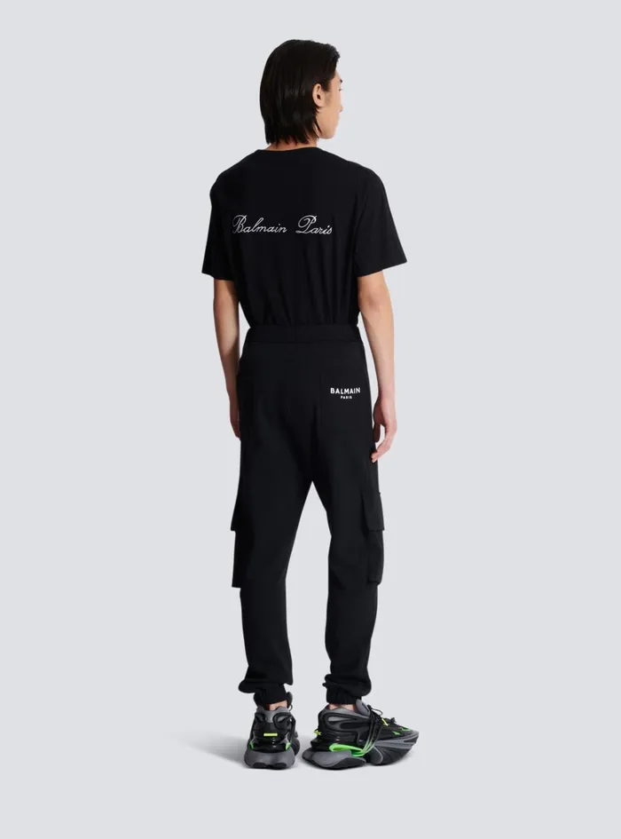 Cargo Joggers With Paris Print Black Men Balmain Trousers And Shorts