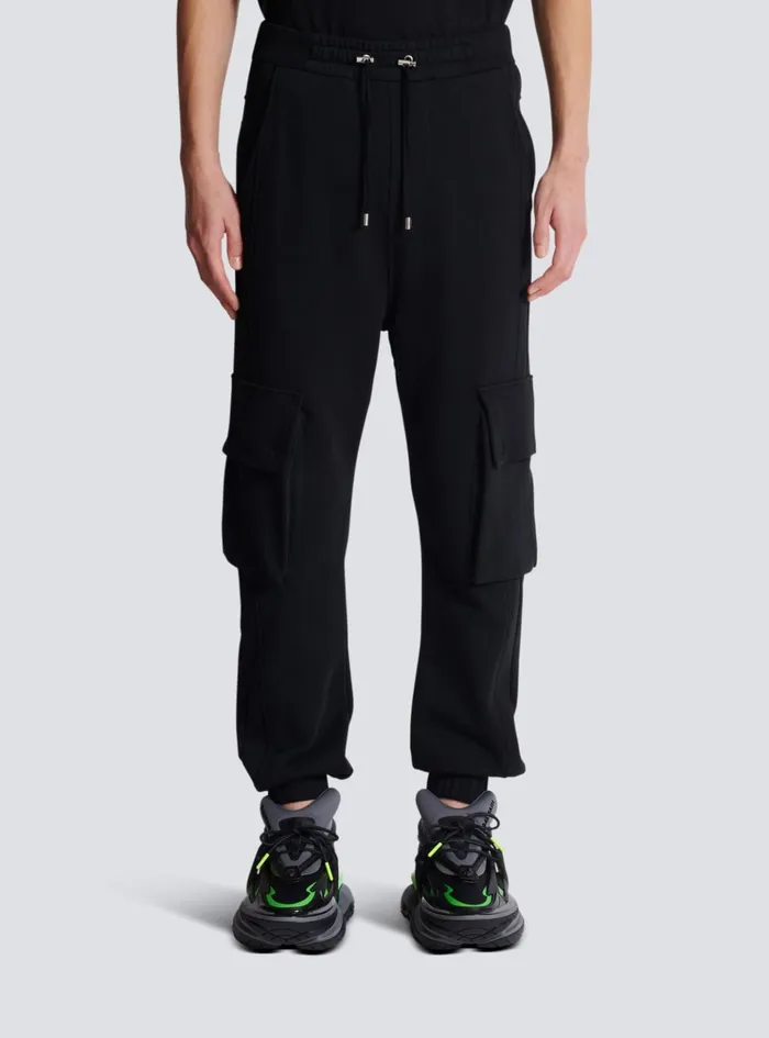 Cargo Joggers With Paris Print Black Men Balmain Trousers And Shorts