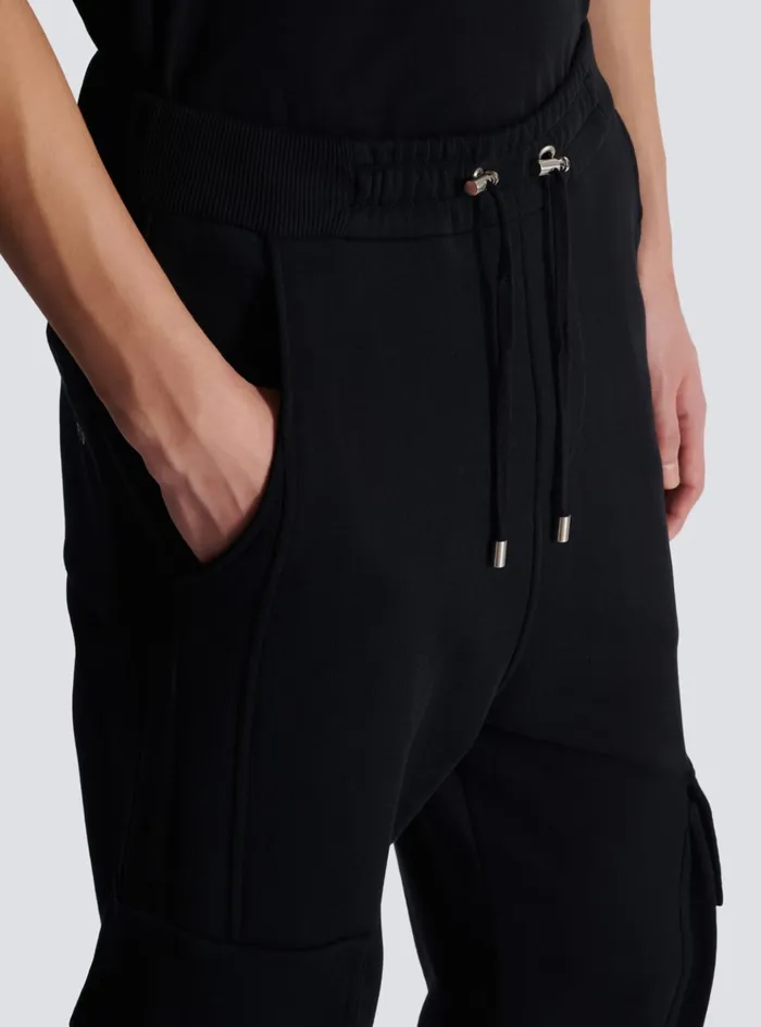 Cargo Joggers With Paris Print Black Men Balmain Trousers And Shorts