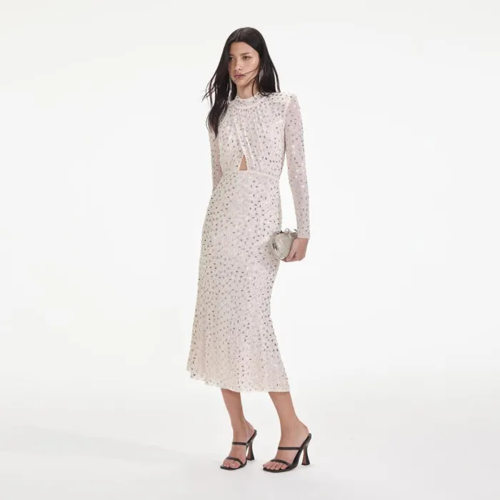 Champagne Rhinestone Mesh Midi Dress Women Self Portrait Dresses