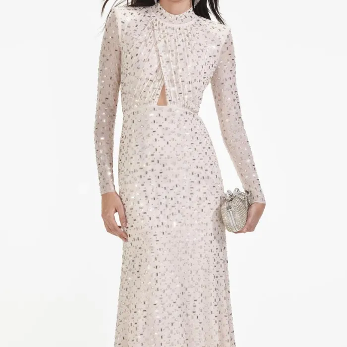 Champagne Rhinestone Mesh Midi Dress Women Self Portrait Dresses