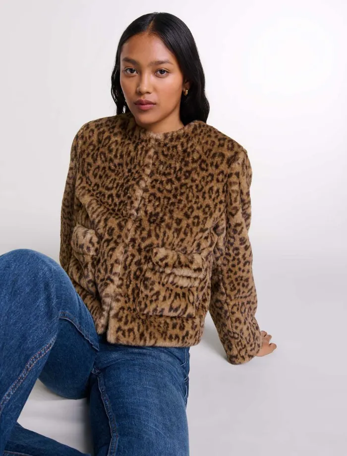 Coats Women Maje Cropped Faux Fur Jacket Leopard Print