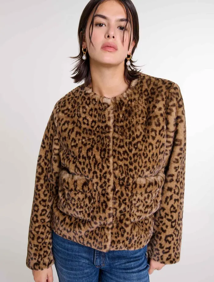 Coats Women Maje Cropped Faux Fur Jacket Leopard Print