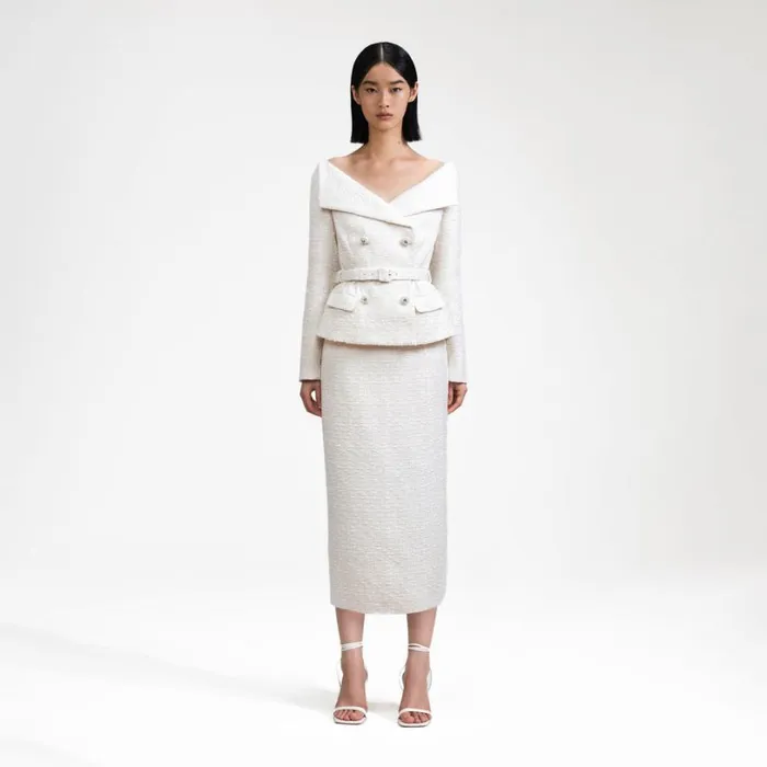 Cream Off Shoulder Boucle Midi Dress Women Self Portrait Dresses