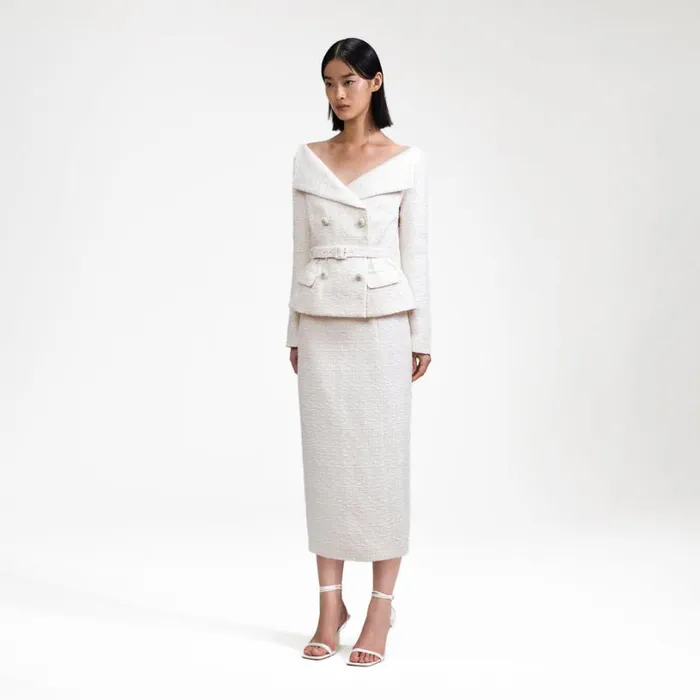 Cream Off Shoulder Boucle Midi Dress Women Self Portrait Dresses Cream Off Shoulder Boucle Midi Dress Women Self Portrait Dresses
