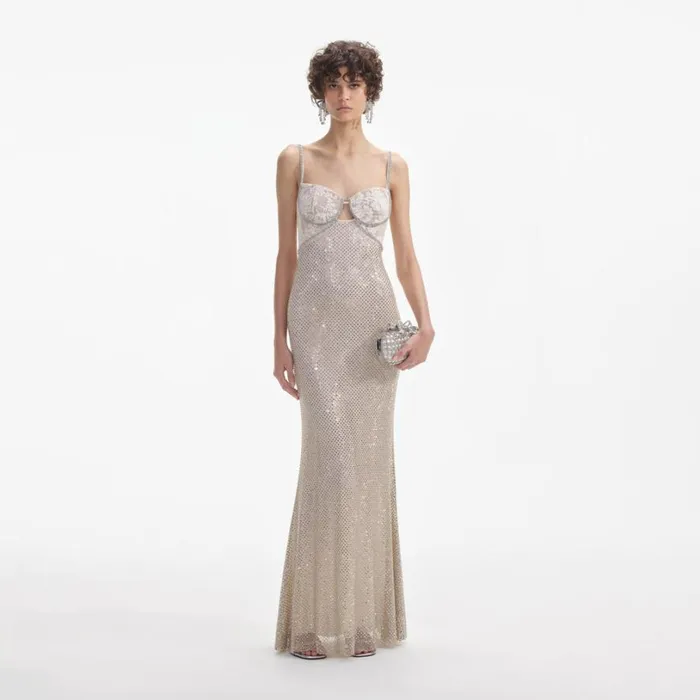 Cream Rhinestone Mesh Maxi Dress Women Self Portrait Dresses