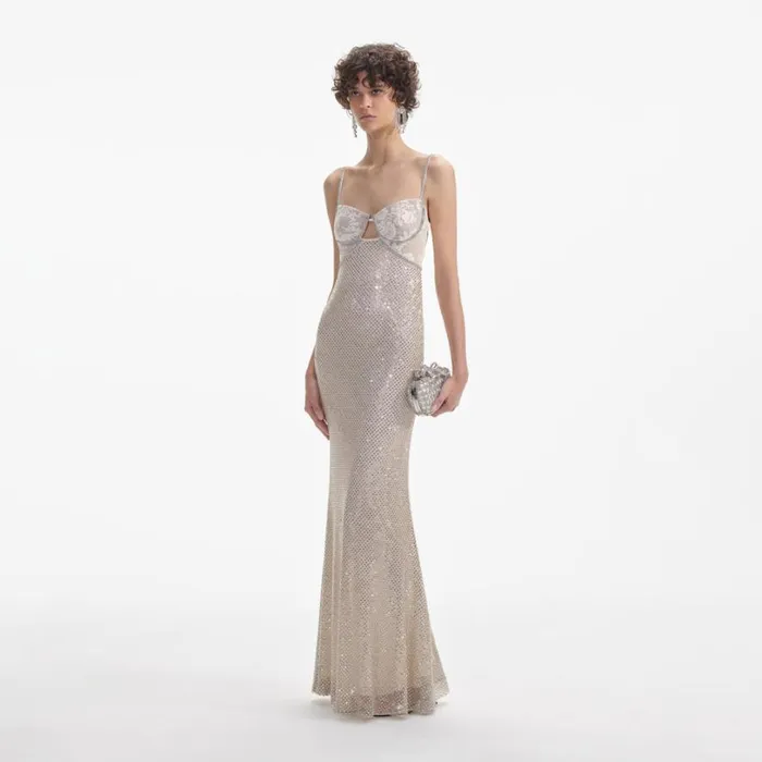 Cream Rhinestone Mesh Maxi Dress Women Self Portrait Dresses Cream Rhinestone Mesh Maxi Dress Women Self Portrait Dresses
