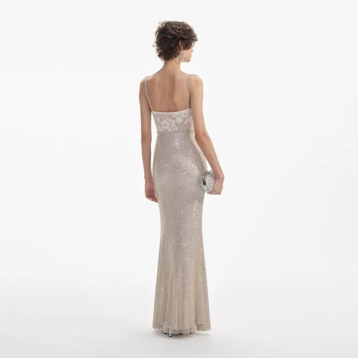 Cream Rhinestone Mesh Maxi Dress Women Self Portrait Dresses Cream Rhinestone Mesh Maxi Dress Women Self Portrait Dresses